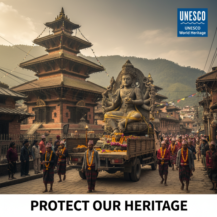 Our-Heritage A photo of a Nepali temple statue being returned home or UNESCO blue logo over a heritage monument with a caption “Protect Our Heritage.