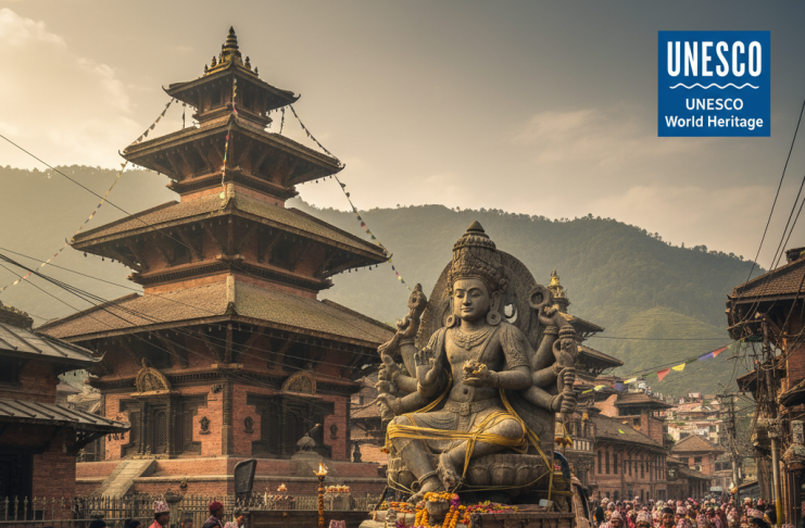 A photo of a Nepali temple statue being returned home or UNESCO blue logo over a heritage monument with a caption “Protect Our Heritage.