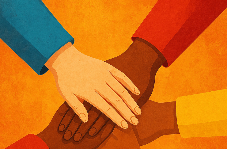 A colorful image showing people of different ethnicities joining hands, symbolizing Unity in Diversity.