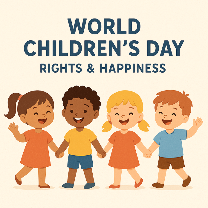Children holding hands, smiling, or playing — with text “World Children’s Day – Rights & Happiness.