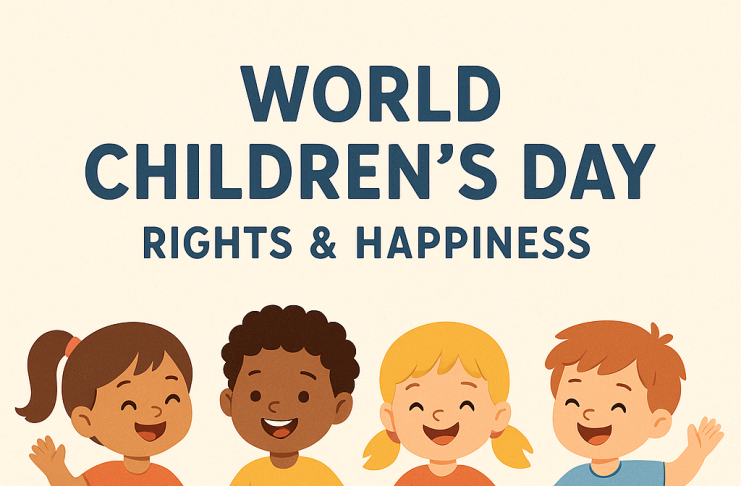 Children holding hands, smiling, or playing — with text “World Children’s Day – Rights & Happiness.