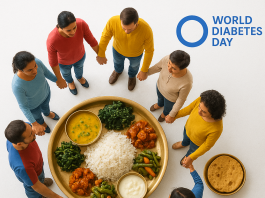 A bright photo of a blue circle made with people holding hands or a healthy Nepali meal with the World Diabetes Day logo in the corner.