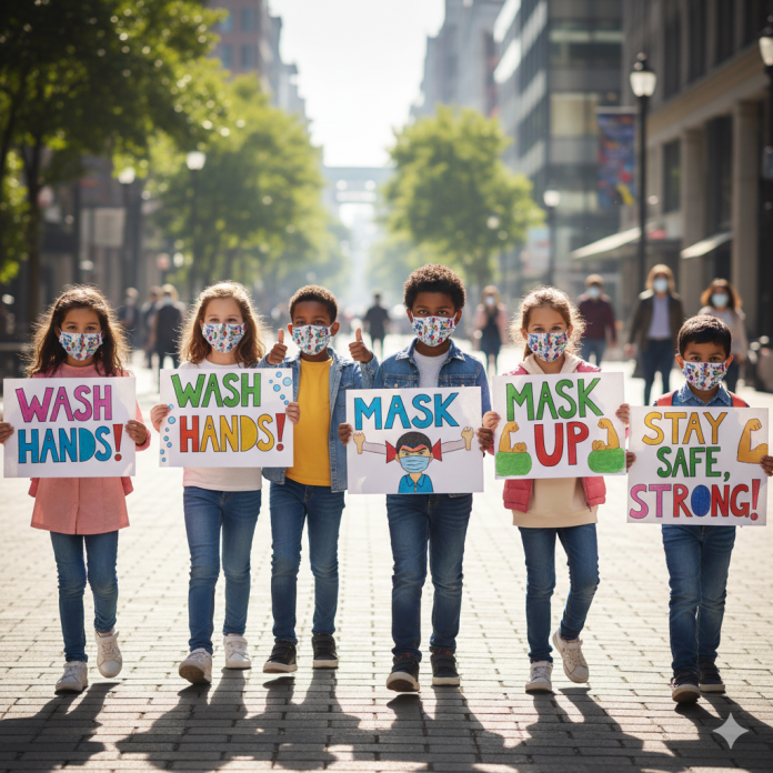 “A doctor vaccinating a child” or “Children wearing masks and promoting health awareness.”