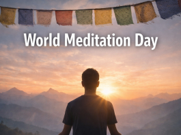 World Meditation Day A peaceful meditation scene with a person sitting cross-legged, soft sunrise light, prayer flags or mountains in the background