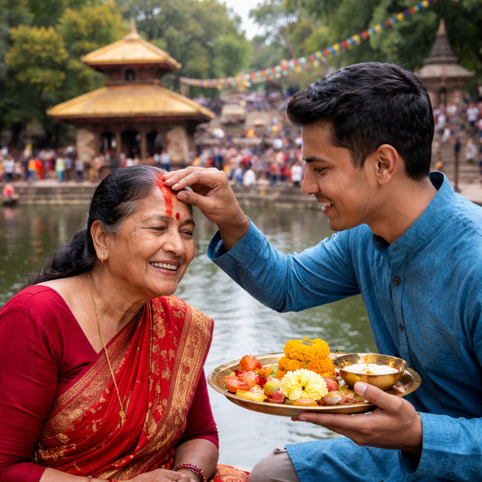 मातातिर्थ औँसीका दिन आमालाई टीका लगाउँदै गरेको दृश्य