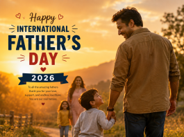 A smiling father holding his child's hand during sunrise, with a happy family in the background, warm golden lighting, "Happy International Father's Day 2026" text overlay, emotional and family-friendly theme.