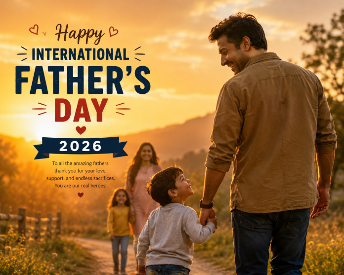 A smiling father holding his child's hand during sunrise, with a happy family in the background, warm golden lighting, 